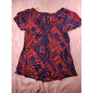 Lucky Brand M Red Blue Geometric Off-Shoulder Tie Tunic Puff Sleeve Blouse